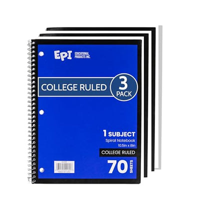EPI Spiral Notebook | 1 Subject - College Ruled - 70 Sheets, Durable Spiral Binding | 10.5 x 8 in | Classroom Supplies | School, Office, Note Taking, Journaling - 3 Pack - size: Pack of 3, style: 1 Subject - College Ruled