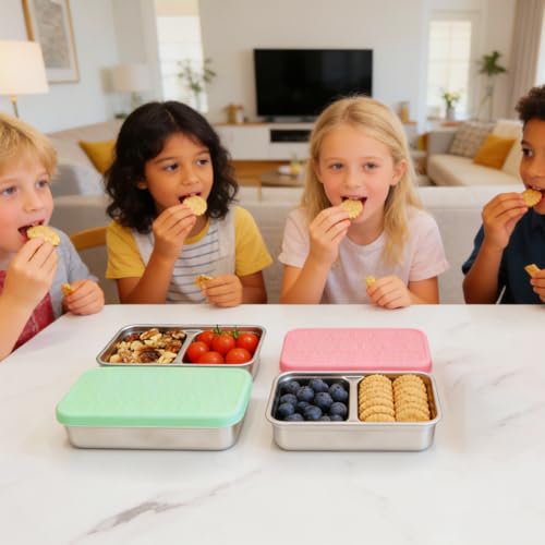 3 Pack 15oz Stainless Steel Snack Containers for Kids, Reusable Metal Snack Containers with Silicone lids, Leak Proof 2 Compartment Stackable Metal Toddler Lunch Box for Daycare, School