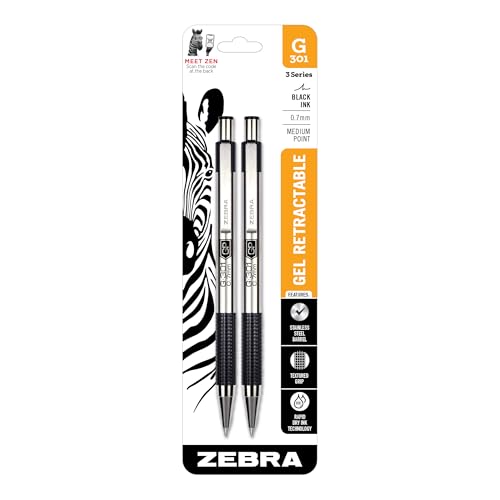 Zebra Pen STEEL G-301 Retractable Gel Pen, Black Ink, 0.7mm, 2-Pack | Stainless Steel Barrel, Textured Grip, Easy-Glide Smooth, Skipless Ink, Fine Point Tip, Professional Design (41312) - color: Black B