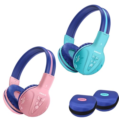 SIMOLIO 2 Pack Kids Bluetooth Headphones with Share Port, 75/85/94dB Volume Limit w/Mic for Toddler Teens, Bluetooth 6.0, 30H Playtime, Foldable Headsets w/Travel Case for School Airplane iPad PC - color: Mint & Pink