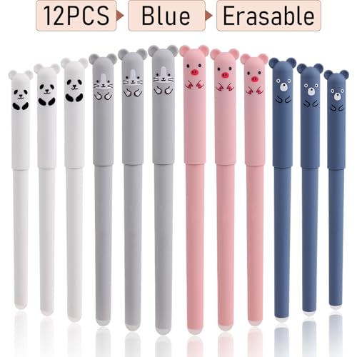 0.4mm Erasable Gel Pens,12 Pack Cute Cartoon Animal Rollerball Gel Ink Pens Refillable Pens for Adult Writing Kids Calligraphy Note Taking (12 Blue Ink) - color: 12 Blue