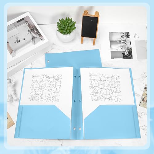 Yeaqee 50 Pcs Plastic Folders with Pockets Bulk 3 Hole Punched 2 Pocket File Folders for 3 Ring Binder Divider Folder for Notebooks, Durable Poly for Office Home (Light Blue) - color: Light Blue