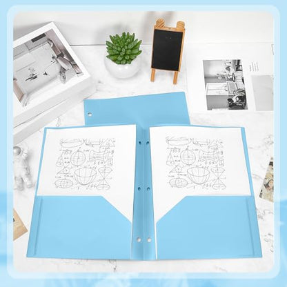 Yeaqee 50 Pcs Plastic Folders with Pockets Bulk 3 Hole Punched 2 Pocket File Folders for 3 Ring Binder Divider Folder for Notebooks, Durable Poly for Office Home (Light Blue) - color: Light Blue