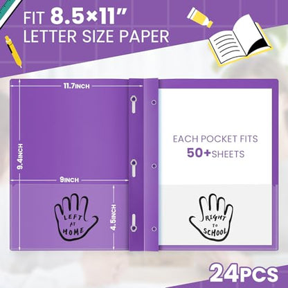 Henoyso 24 Pcs Plastic Folders with Clear Front Pockets and Prongs School to Home File Organizer Plastic Folder for Back to School Parent Teacher Communication Homework Office (Purple) - color: Purple