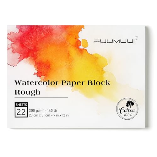 Fuumuui 9×12 Watercolor Paper Block, Textured Rough 100% Cotton Watercolor Paper, 140lb/300gsm, 22 Sheets, Acid-Free, Art Paper for Painting & Drawing, Wet, Mixed Media, Rough Grain - color: Rough, size: 9×12"