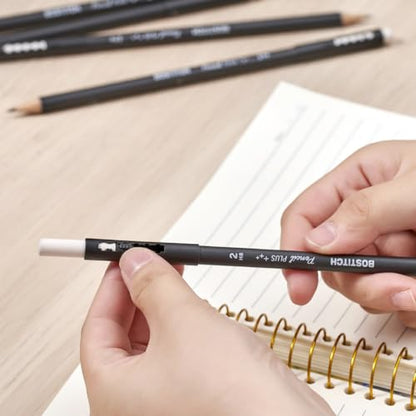 Bostitch, Wood-Cased Pencil Plus, Retractable Eraser, American Cedar Wood, #2 HB, Round, Matte Black, Pre-sharpened, Twenty Pack - size: Twenty Pack