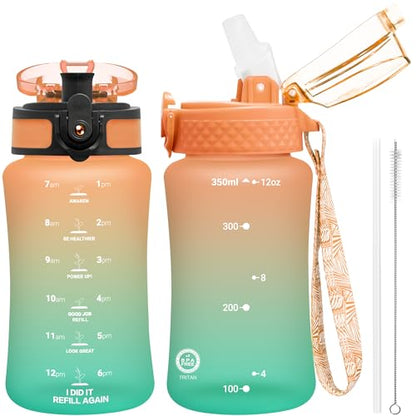 OLDLEY Kids Water Bottle for School, 12 oz (2 lids) BPA-Free Reusable Leak-proof Durable Tritan Plastic Water Bottles with Straw & Chug Lids, Anti-dust Spout Cover (Sunflower) - color: Sunflower, size: 12 Ounces