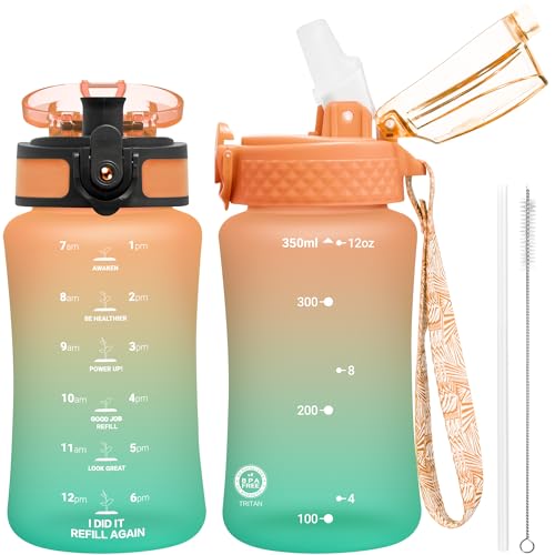 OLDLEY Kids Water Bottle for School, 12 oz (2 lids) BPA-Free Reusable Leak-proof Durable Tritan Plastic Water Bottles with Straw & Chug Lids, Anti-dust Spout Cover (Sunflower) - color: Sunflower, size: 12 Ounces