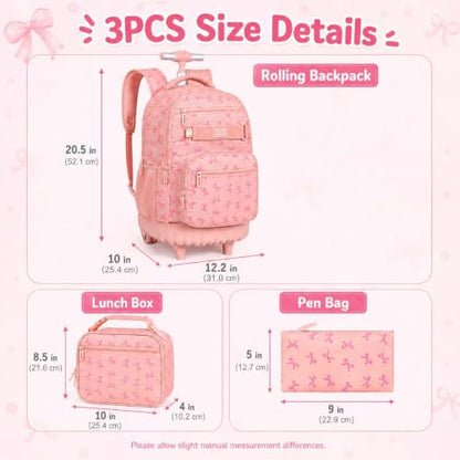 gxtvo Roller Backpack for Girls, Women Rolling Bookbag with Lunch Box for Adults, Water Resistant Wheeled School Bag for College Teens Kids Travel - Pink Bow - color: Girls Rolling Backpack Bow Pink