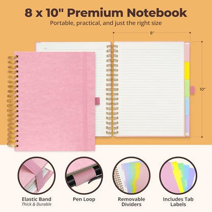 Hardcover Leather Lined Spiral Notebook 8x10" with Removable Dividers - Pink - 300 Pages 5 Subject College Ruled Notebook for Work with Tabs, Pockets, and Pen Loop for Note Taking, Large Journal - color: Pink
