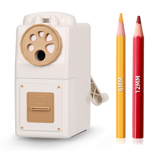 ZMOL Manual Hand Crank Pencil Sharpener for Color Pencil,6 Sizes for 6-12mm Colored Pencil Sharpener Handheld with Adjustable Point,College Students, Classroom, Home/Office Hand Held White - color: White