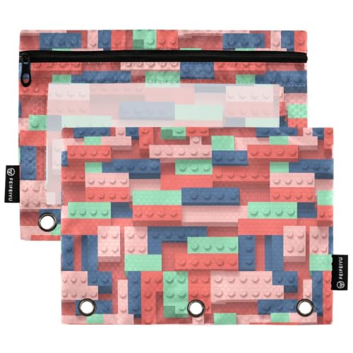 Gredecor 3 Ring Binder Pencil Pouch, Building Blocks Zippered Pen Case Pouches with Clear Window, 2 Pack Stylish Office & School Supplie - color: Building Blocks