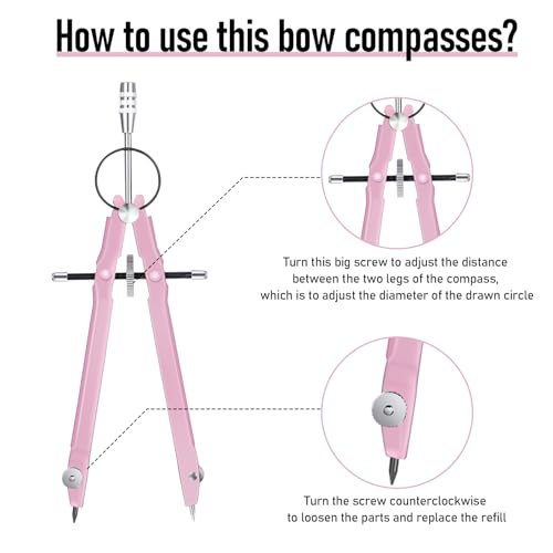 EBOOT Student Geometry Math Set, Metal Drawing Compass and 6 Inch Clear Swing Arm Protractors 180 Degree Math Protractor(Pink and Pink) - color: Pink and Pink