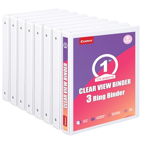 Comix Durable 1 Inch 3 Ring Binder, Round View Binder for Office or School, Fits 175 Sheets of 8.5x11 Paper, PVC-Free & Foldable Spine, Made in North American, 8 Pack (White) - color: White, size: 1 inch, style: 8 Pack