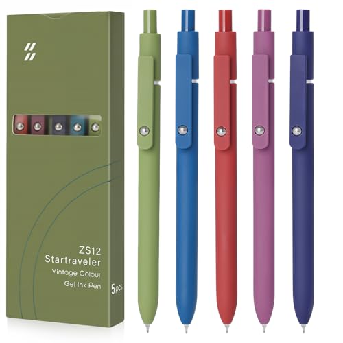 FIOVER High-End Vintage Gel Pens, 5-Pack 0.5mm Fine Point Black Ink Pens with Soft Grip & Metal Clip, Smooth Writing Retractable Pens for Journaling, Office, Note Taking(Retro color) - color: Retro color, size: 1 Count (Pack of 5)