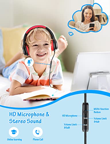 Voopwink Kids Headphones with Microphone, Wired Over Ear Headsets with Limited Volume 85dB/ 94dB for Boys Girls Teens Children Online School/Travel/iPad/Tablet/Cellphone - color: Red-Black, size: Plug 3.5mm