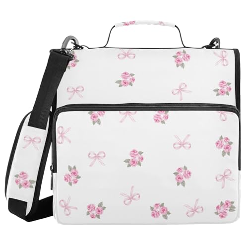 Pink Rose Ribbons Leaves Zipper Binder with Shoulder Strap Trapper Keeper 3 Ring Binder Organizer Large Capacity Multiple Compartments for School Office - color: Pink Rose Ribbons