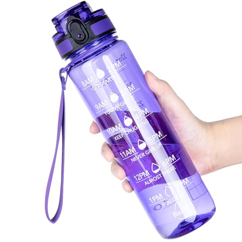 OLDLEY Water Bottle, 32oz Motivational Sports Water Bottle with Time Marker - Times to Drink - Tritan, BPA Free, Wide Mouth Leakproof,Deep Purple - color: Deep Purple