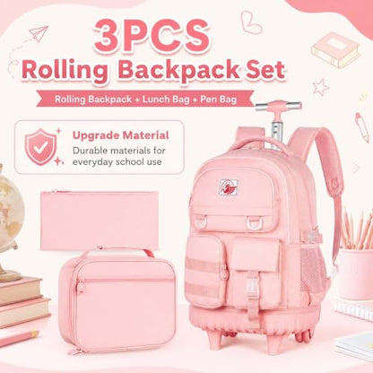 CCJPX Rolling Backpack for Girls Women, 21 inch Roller Wheels School Bookbag, Wheeled Suitcase Backpacks with Lunch Bag for Teen - Pink - color: Pink