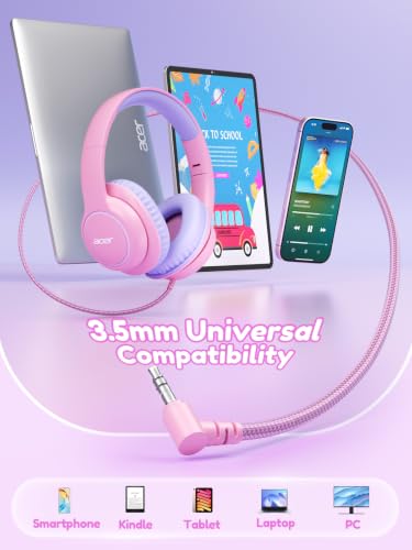 Acer Kids Headphones Wired for School - Over Ear Design, 85/94dB Safe Volume Limit, 3.5mm Jack Foldable Headphones for Toddler Boys Girls Classroom Yoto Player Chromebook Travel (Pink Purple) - color: Pink Purple