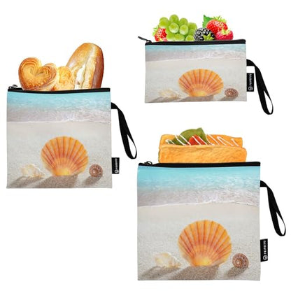 Reusable Food Storage Bags Beach Sea Shell 3 Pack Set Lunch Bag Compact Sandwich Snack Bag Small Medium Large for Lunch, Travel & Organization - color: Bag 21