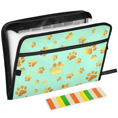 Gredecor 13 Pockets File Folder Organizer A4/Letter Water Resistant Paw Print Dog Cat Teal Document Bag with Zipper Filing Folder Expanding File Pouch Storage for School Office - color: Multi1