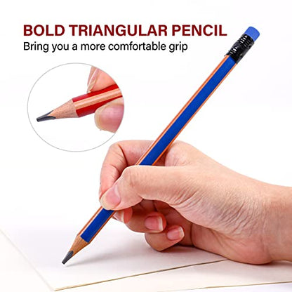 Triangular Jumbo Pencils, 2B Pre-Sharpened with Eraser, Blue, 6 Pcs | Fat, Thick, Strong Wood Triangular Design for Beginners for Writing, Drawing, School, Art, Sketching and Shading - color: Blue, style: 2B Lead
