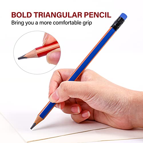 Triangular Jumbo Pencils, HB Pre-Sharpened with Eraser, Blue, 6 Pcs | Fat, Thick, Strong Wood Triangular Design for Beginners for Writing, Drawing, School, Art, Sketching and Shading - color: Blue, style: HB Lead