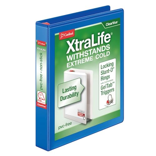 Cardinal 3 Ring Binder, 1 Inch Heavy Duty XtraLife Binder, Locking Slant-D Rings, Crack-Resistant Cover & Spine, ClearVue Covers, Holds 270 Sheets, Blue (26302) - color: Blue, size: 1-Inch