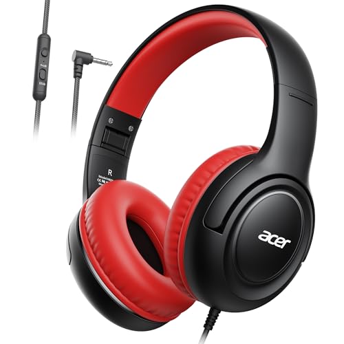 acer Kids Headphones - Over-Ear 85/94dB Volume Limiter, 3.5mm Jack Foldable Stereo Sound Headset for Toddlers Girls Boys Travel Learning Entertainment Tablet Kindle iPad PC Black Red, HK03 - color: Black Red