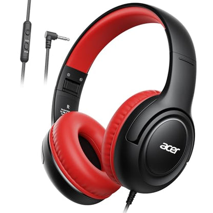 acer Kids Headphones - Over-Ear 85/94dB Volume Limiter, 3.5mm Jack Foldable Stereo Sound Headset for Toddlers Girls Boys Travel Learning Entertainment Tablet Kindle iPad PC Black Red, HK03 - color: Black Red