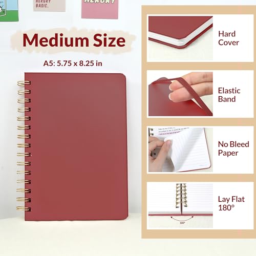 SUNEE Lined Spiral Journal Notebook for Women, 146 Pages College Ruled Hardcover Journaling Notebook for Work, Note Taking and Office School Supplies, A5 -Burgundy - color: Burgundy