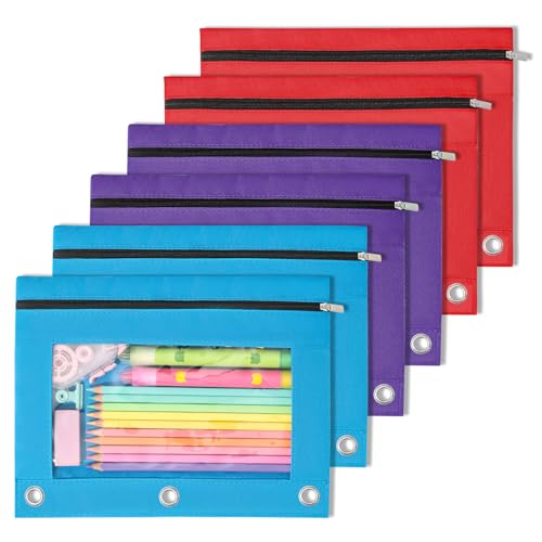 SUNEE Pencil Pouch for 3 Ring Binder, 6 Pack Zipper Binder Pouches in Classic Colors, 2 Blue, 2 Purple & 2 Red, Pencil Bag Organizer for School Supplies, Students & Office Use - color: Classic 3-color