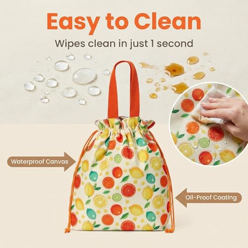 Solid Color & Fruit Print Lunch Bag, Insulated Leakproof Drawstring Pouch with 5mm Anti-Sag Base for Adult Work Commute Picnic (Lemon Fruit Print) - color: Lemon Fruit Print