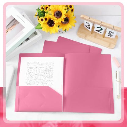 Gueevin 24 Pcs Plastic Folders with Pockets, Back to School Two Pocket Folder Fit Letter Size, Heavy Duty School Business Card Holder for Home Office, 11. 61 x 9. 45 Inches (Pink) - color: Pink