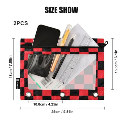 Crimson Chessboard Binder Pouches 3 Ring for Boys Girls School Office College Supplies DarkRed Buffalo Plaid Black Pencil Pouches Case Bag with Clear Window and Zipper 2 Pack - color: Crimson