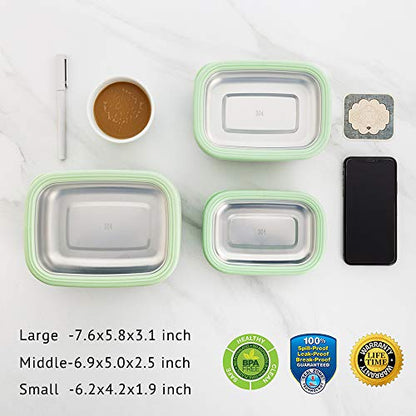 Lille Home Leak Proof Salad Container Stainless for Lunch - Snack Containers Steel - Ideal for Educational Settings & Daycare - Nesting Trio with Silicone Lids - 47oz+30oz+16oz - Blue - color: Green