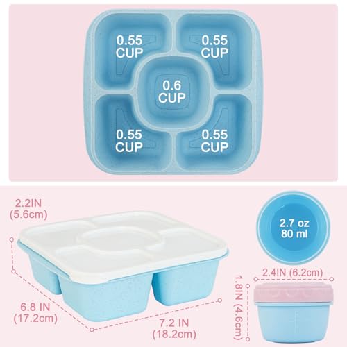 Original Lunchable Snack Containers - 5 Compartments Bento Snack Boxes with 1 Leakproof Small Containers, Wheat Straw, BPA-Free, Set of 2 (Bule+Pink) - color: Bule+Pink