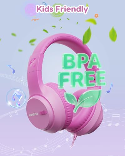 awatrue Kids Headphones, 74/85/94dB Volume Limiter, Foldable Wired Over Ear Headphones for Travel, 3.5mm Jack, Toddler Headphones for School, Chromebook, iPad, Tablet, Pink - color: Pink