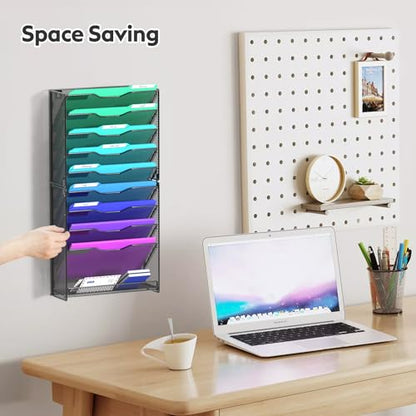 samstar 10 Tier Wall File Organizer, Hanging Wall Mount File Holder Paper Folder Mail Organizer, Mesh Metal, Black. - color: Black 10 Tier 1 Pack