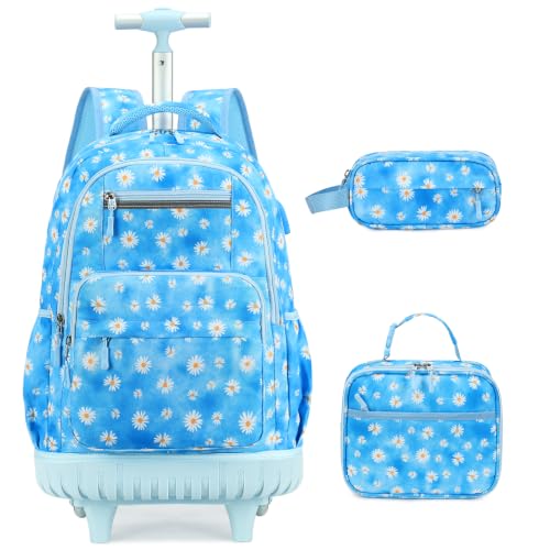 ACESAK Rolling Backpack for Girls - Roller Wheels School bag with Lunch Bag & Pencil Pouch for Teen Girls Kids Wheeled Suitcase Backpacks, Elementary Middle School Travel Daypack (Blue Daisy) - color: Blue Daisy