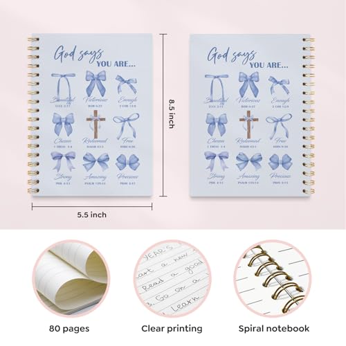 VONTP Bible Blue Bow Christian Notebook Journal for Women, 5.5 x 8.3 Inch | Christian Girl Energy Journal, Christian Study Notebook, Cute Preppy Bible Study Spiral Notebook for Bible Notes - color: 001-Blue