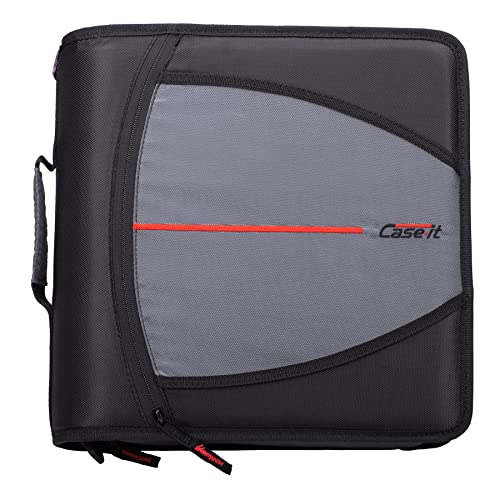 Case-it Mighty Zip Tab Zipper Binder with 5-Color Tabs, Expanding File Folder, Shoulder Strap and Handle, 600 Sheet Capacity, 3 Inch O-Rings, Jet Black and Fire Engine Red