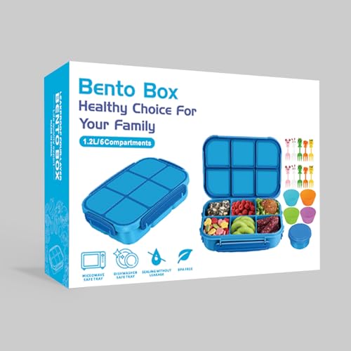 Amathley Lunch Box Kids Girls Boys,Bento Box Adult,Toddler Lunch Containers for School,Leakproof Snack Containers with 6 Compartments,Sauce Container,10 Food Picks and 4 Muffin Cups (Blue) - color: Blue