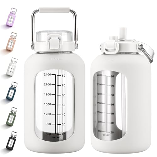 MUKOKO 100oz Glass Water Bottle with Time Marker and Silicone Sleeve 3L Large Water Jug with Stainless Steel Handle Gallon Drinking Bottle with 2-in-1 Lid Wide Mouth BPA Free, White - color: White, size: 100 Ounces