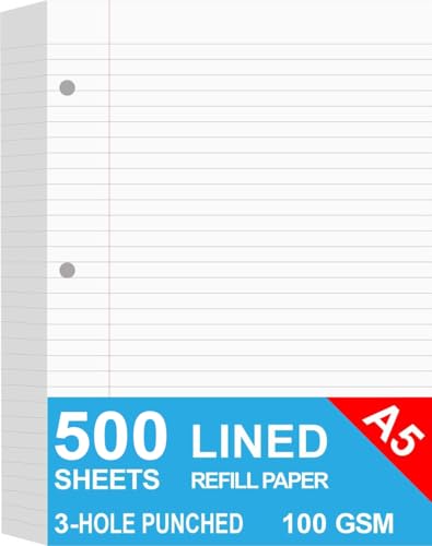 (5-Pack) A5 Filler Paper, 3 Hole Planner Refills, Organizer, Loose-leaf Binder Paper, Total 500 Sheets/1000 Pages, Lined, 100gsm, White, 5.8 x 8.2 Inch, 3 Hole Filler Paper, Mini Binder Refill Inserts - size: 500 Sheets