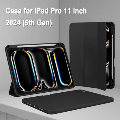 ZryXal iPad Pro 11 Inch Case (M5) 2025/ (M4) 2024 (Model: A3357,A3358,A3359,A2836/A2837/A3006), Trifold Stand Smart Cover with Pencil Holder and Soft TPU Back, Auto Wake/Sleep (Black) - color: Black