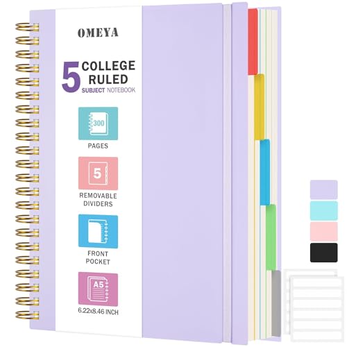 5 Subject Notebooks College Ruled, Lined Notebook with Removable Dividers | 300 Pages 100GSM Thick Spiral Writing Journal for Women & Men, Small A5 Spiral Notebooks for Work, School Supplies, 6" x 8" - color: Purple, size: A5