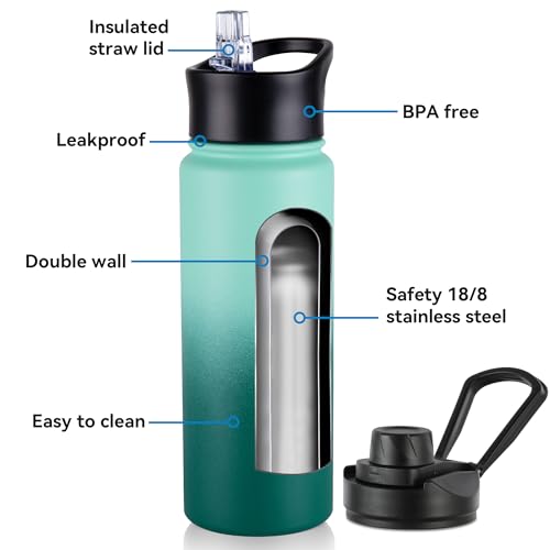 16 oz Insulated Water Bottle with Straw Lids, Stainless Steel Kids Water Bottles for School, Double Wall Vacuum Metal Water Bottle with Straw & Wide Mouth Lid, Gradient Green 1 Pack - color: Gradient Green, size: 16 Ounces