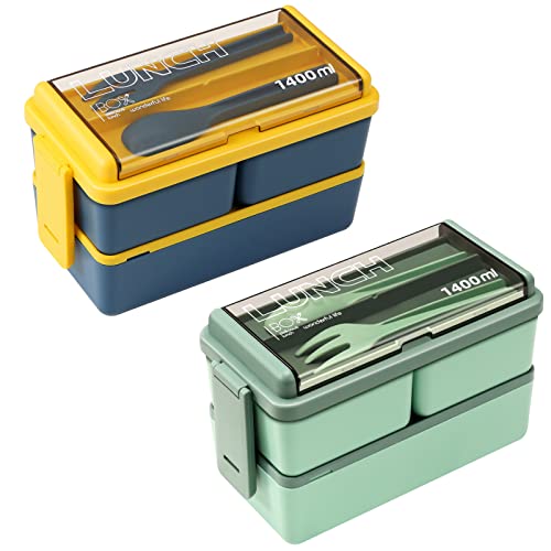 CHZZMS 2 Pack Bento Box Adult Lunch Box,49OZ Leakproof Eco-Friendly Stackable Bento Lunch Box Meal Prep for Dining Out, Work, Picnic, School (green+blue) - color: green+blue